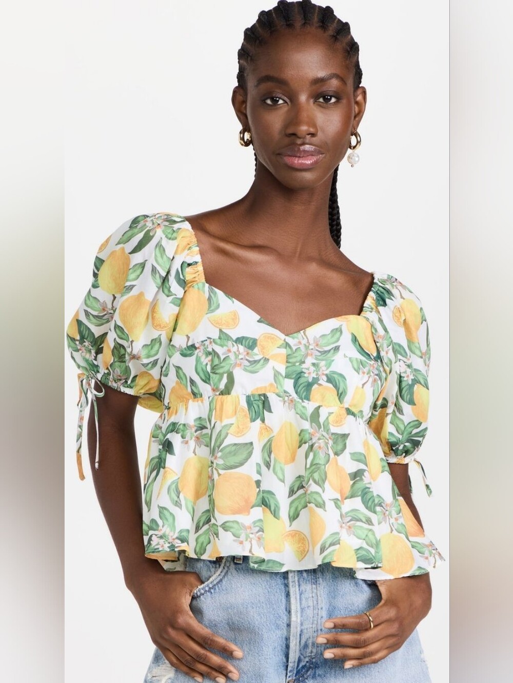 English Factory Lemon Print Peplum Blouse Puff Sleeve Bow Sweetheart Sz M Summer